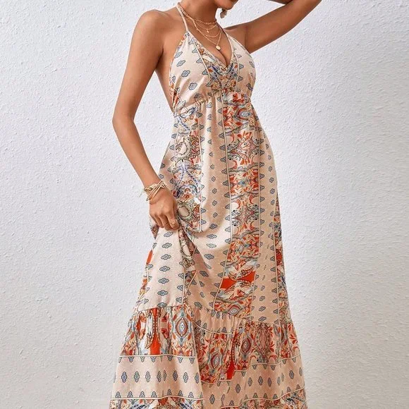 Tan Boho Womens Women's Printed Backless Vacation Dress - Picture 3 of 6